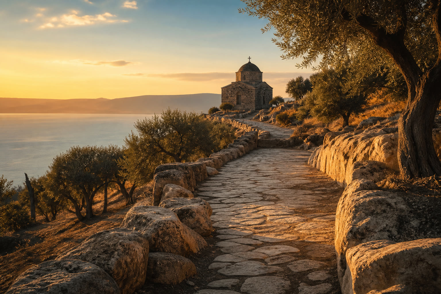 Ancient stone path beside the Sea of Galilee leading toward a chapel at golden hour