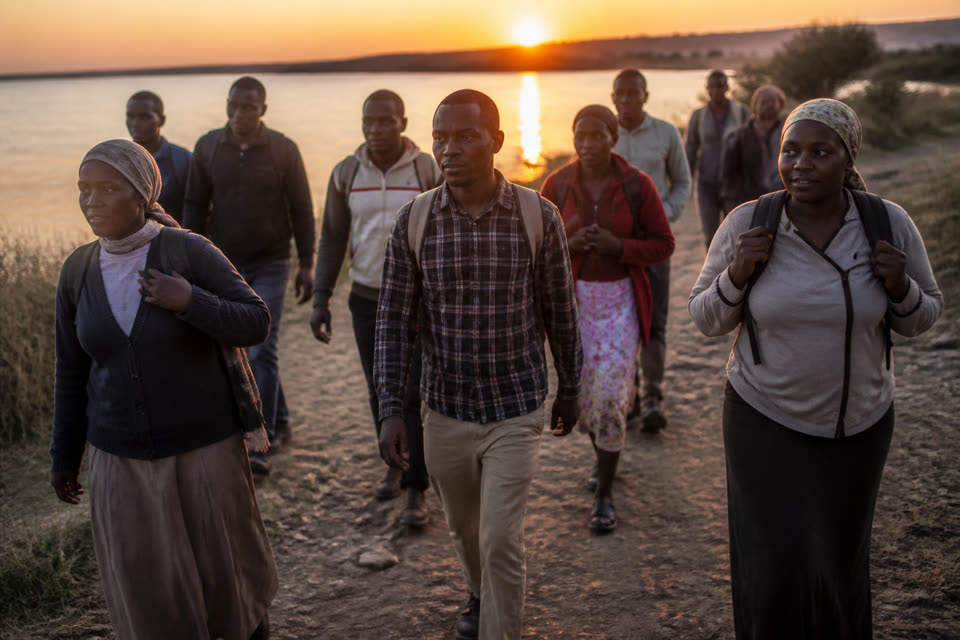 Mombasa Shore Guardians walking a lakeside pilgrimage path at sunset