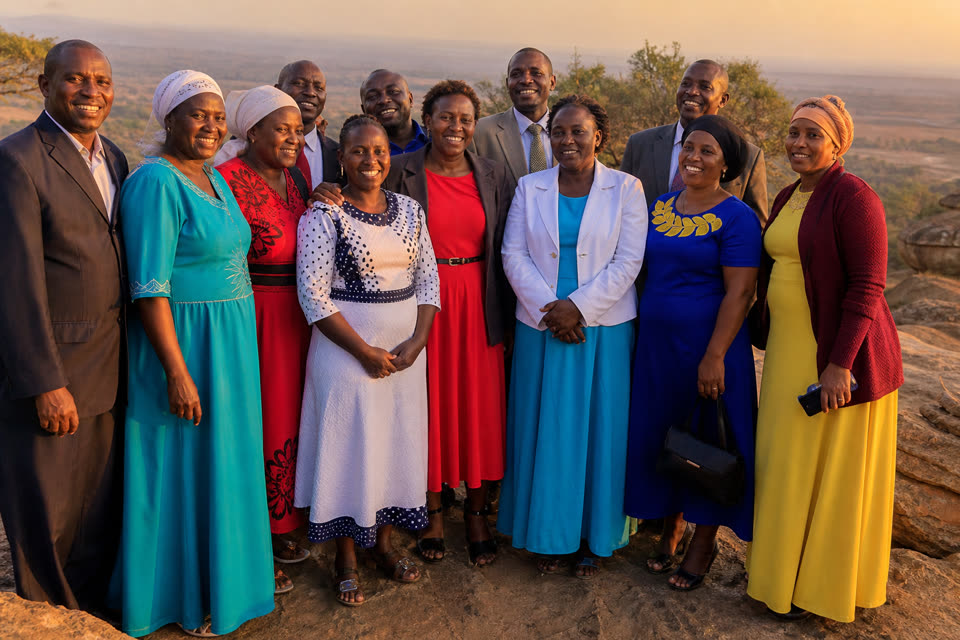 Nairobi Covenant Choir pilgrims gathered outdoors at golden hour