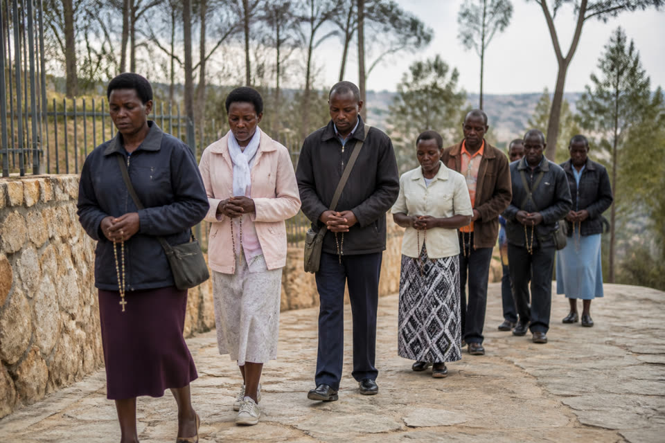 Gulu Sacred Journey pilgrims walking a stone path in quiet reverence